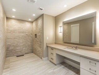 Fototapeta premium Beige-walled bathroom with recessed lighting, grey tiles, and floating vanity