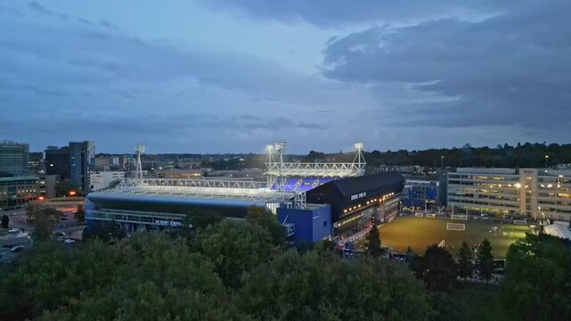 4k drone footage of Portman Road, home of Ipswich Town FC, at night in Suffolk, UK