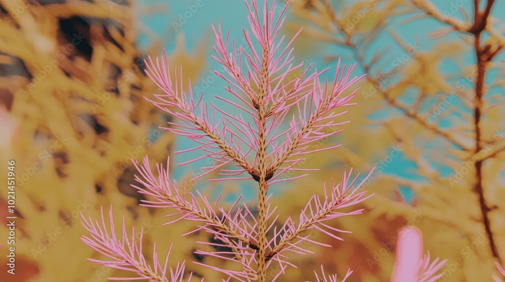Aufkleber Close up image of a light needle tree branch centered in the frame Soft focus and blur create a bokeh effect in the background featuring brown and green tones