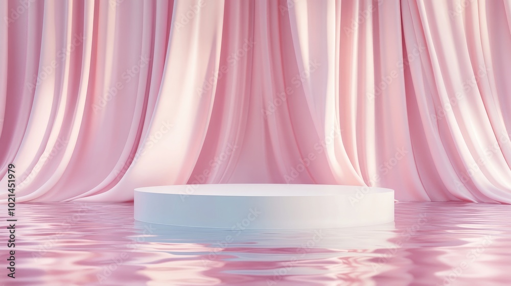 Aufkleber 3D rendered abstract podium on water with flowing curtains Realistic pastel mock up for product promotion Minimal modern background featuring an empty podium