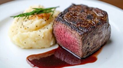Juicy Steak with Creamy Mashed Potatoes on Plate