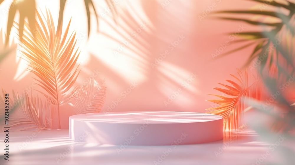 Aufkleber 3D render of a podium display in boho style featuring abstract shapes and palm leaves Minimal pastel background for showcasing cosmetics and products