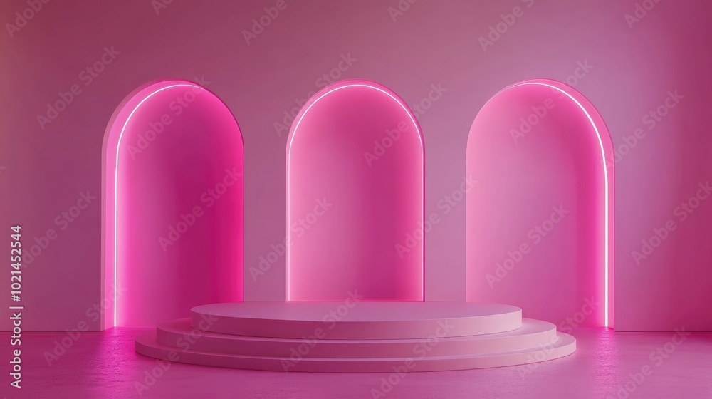 Poster 3d mockup podium set in a vibrant pink empty space featuring arches and neon pink illumination conte