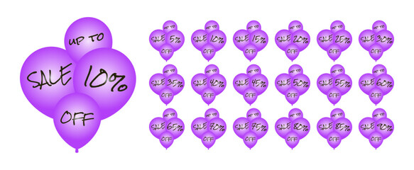Set of purple balloons with discounts, with handwritten effect with marker. Up to 5, 10, 15, 20, 25, 30, 35, 40, 45, 50, 55, 60, 65, 70, 75, 80, 85, 90 percent off. Sale.