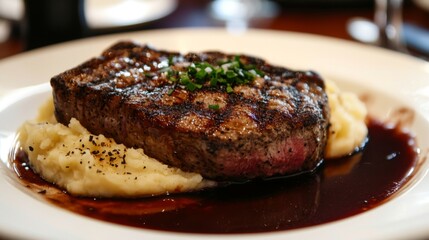 Grilled Steak with Mashed Potatoes and Sauce
