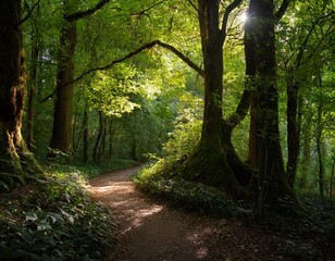 Obraz premium Deep Green Forest With Sunlight Filtering Through the Canopy, Illuminating a Tranquil Path Winding Through Ancient Trees, Captured in Early Morning Light for a Peaceful Nature Landscape