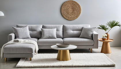 modern scandinavian style room with grey fabric couch and round coffee table