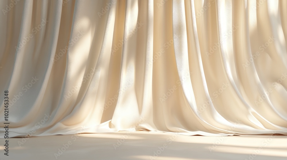 Poster Abstract beige studio backdrop featuring a curtain for product display Vacant space with shadows 3D render 3D illustration