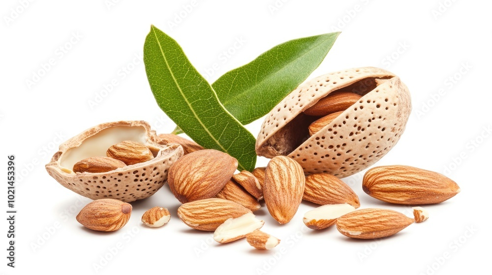 Poster almonds with shells and green leaves isolated on a white background