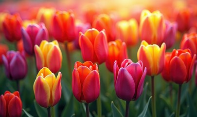A vibrant field of multicolored tulips glowing in the sunlight, perfect for floral themed designs, spring promotions, or nature inspired projects.