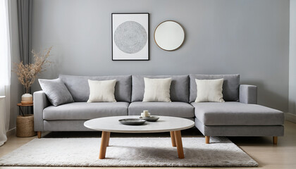 modern scandinavian style room with grey fabric couch and round coffee table