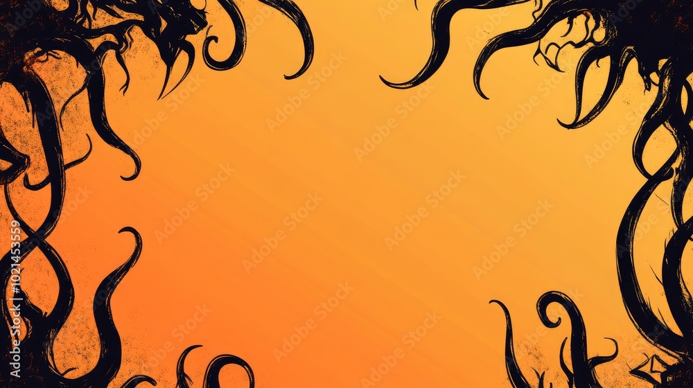 Aufkleber Abstract doodle frame featuring monster tentacles set against a gradient orange background 2D cartoonish fantasy design with space for text Whimsical frame ideal for Halloween themes