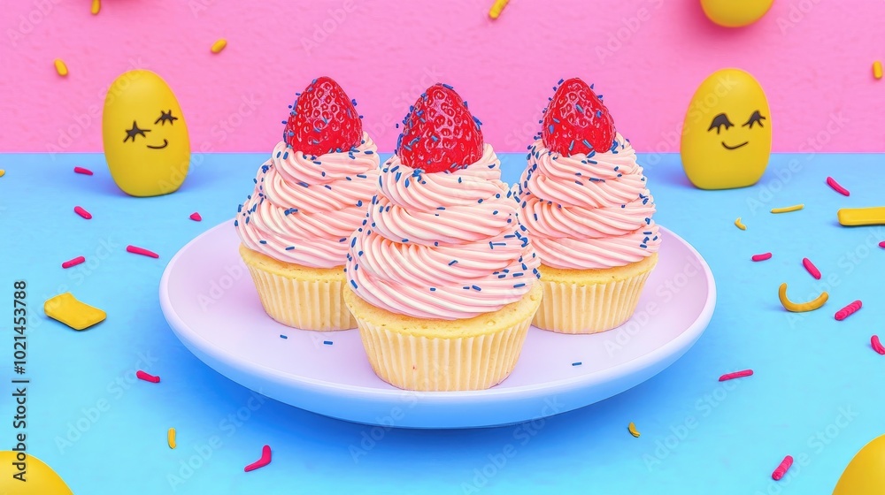 Poster Chu Cream with Fresh Strawberries Strawberry Chu Cream Recipe Displayed on a White Plate Closeup of Chu Cream and Strawberries Topped with Vanilla Cream Bakery Image with Space for Text