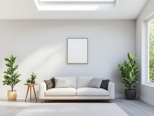 Blueprint of a living room with a central skylight and natural lighting, skylight feature, bright and airy interior