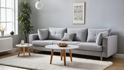 modern scandinavian style room with grey fabric couch and round coffee table