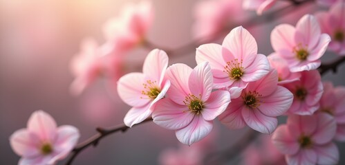 Obraz premium Delicate pink flowers bloom in soft sunlight, creating a serene and inviting atmosphere, perfect for nature inspired designs, wellness, or spring themed projects.