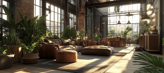 Fototapeta premium A modern urban loft with a rooftop terrace, floor-to-ceiling windows, and stylish interior design