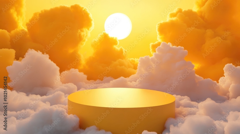 Poster 3d render of a yellow podium surrounded by clouds for showcasing products