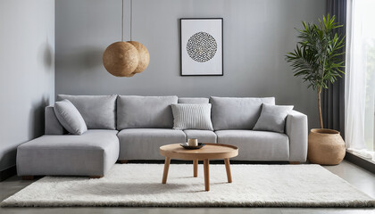 modern scandinavian style room with grey fabric couch and round coffee table