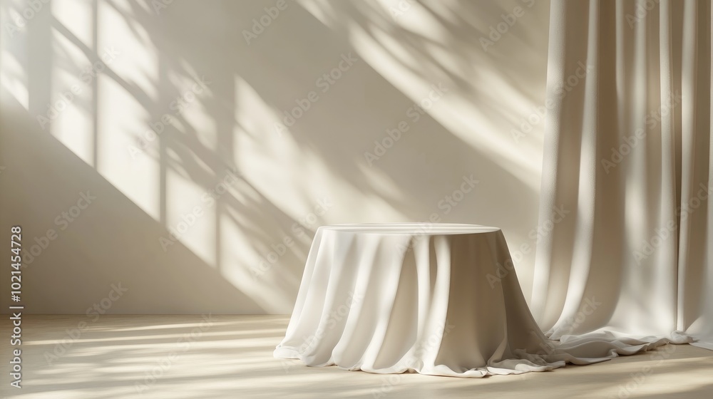 Aufkleber 3D render of an abstract monochrome beige background featuring sunlight rays A contemporary minimalistic scene with an empty podium designed for product display accompanied by a table draped in wh