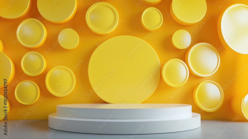 Aufkleber 3d rendering background featuring a podium with yellow circles