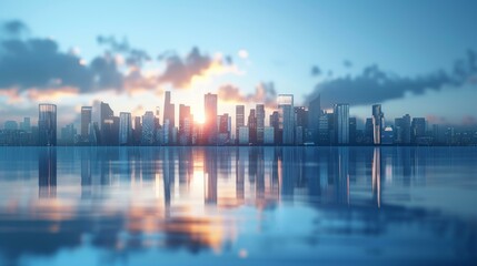 Fototapeta premium Sunrise over a Modern City Skyline Reflected in Water