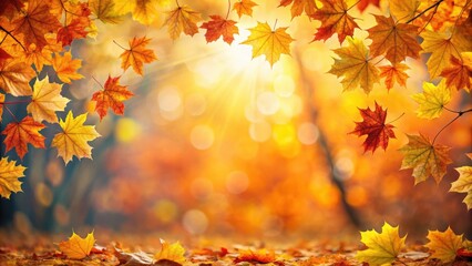 Golden autumn leaves falling from the trees on a sunny day with a bokeh background