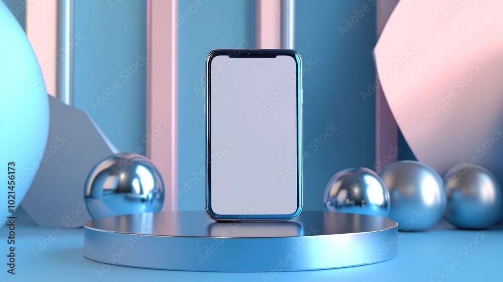 Poster 3d rendered illustration of a smartphone featuring a blank screen positioned on a podium complemente