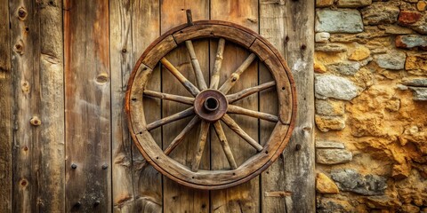 A rustic wooden wagon wheel mounted on a weathered wooden door, contrasting against a rough stone wall