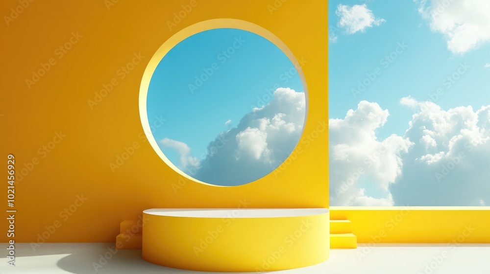 Aufkleber 3D render featuring an abstract yellow background with white clouds and a blue circular opening A minimalist geometric display scene with an empty podium for presenting products