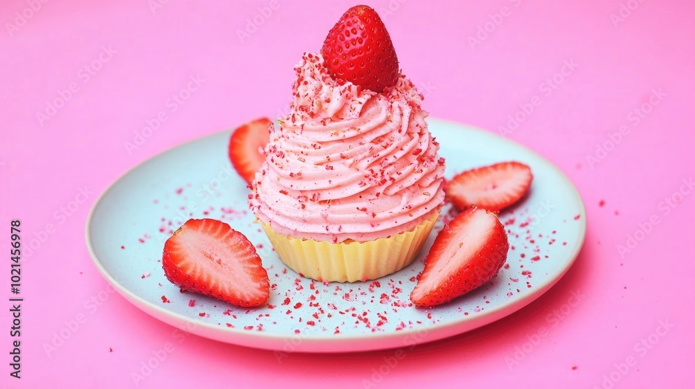 Poster Chu Cream with Fresh Strawberries Strawberry Chu Cream Recipe Displayed on a White Plate Closeup of Chu Cream and Strawberries Topped with Vanilla Cream Bakery Image with Space for Text
