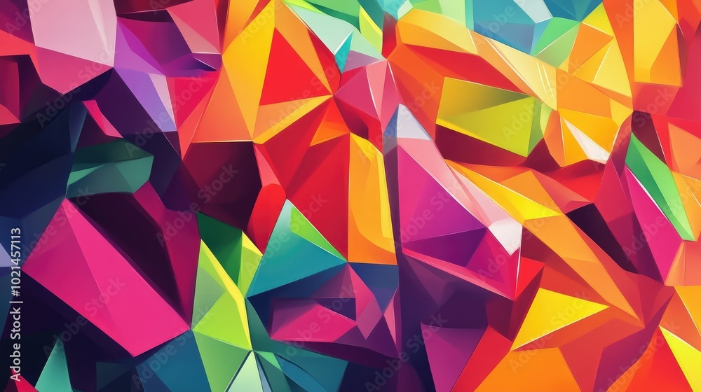 Poster abstract low poly 2d cartoon design featuring vibrant whimsical shapes suitable for backgrounds or p