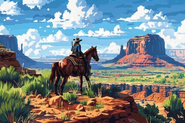 A cowboy is riding on a horse in the desert and looking at the vast landscape.