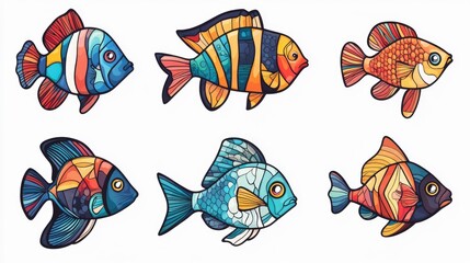A collection of 2D cartoon style illustrations depicting abstract fish and animals designed in a stained glass aesthetic on a white backdrop