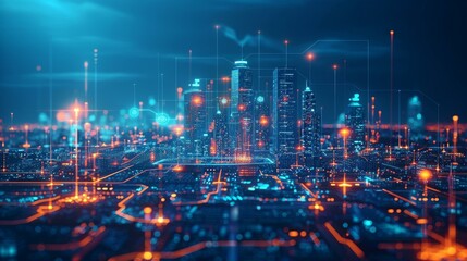 A futuristic cityscape with skyscrapers and glowing lights