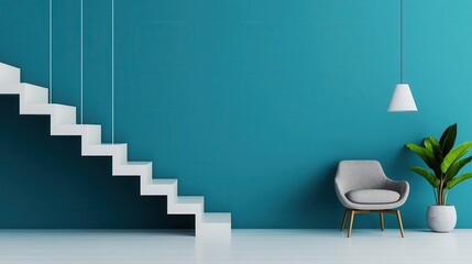 Blueprint of a modern living room with a suspended staircase and minimalist decor, modern architecture, sleek interior