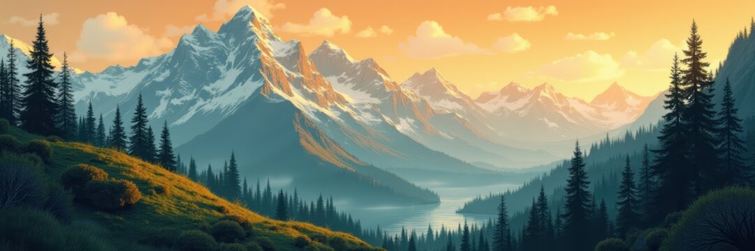 A stunning mountain landscape at sunset, showcasing vibrant colors and serene surroundings ideal for nature, travel, and outdoor themed projects.