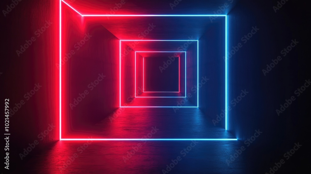Poster Abstract Dark Wall With Red And Blue Cyber Light Bright Neon Glowing Rectangle For Technology And Wireless Internet Connection Conceptual Background For Website Banner Or Flyer