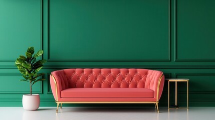 Render of a luxurious living room with velvet furniture and gold accents, luxury living, elegant interior