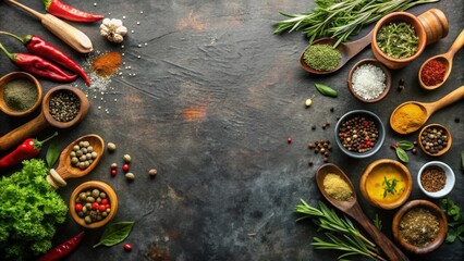 A rustic backdrop showcasing a vibrant assortment of spices, herbs, and peppers, arranged symmetrically for a visually captivating culinary composition.