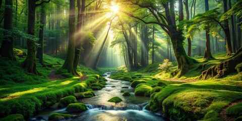 Obraz premium Lush Green Forest Landscape with Sunlight Filtering Through Trees and a Tranquil Stream Flowing