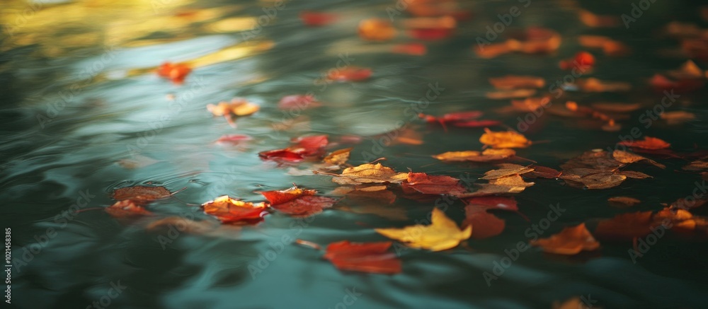 Poster autumn leaves flow in the water using for background