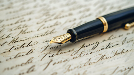 Fototapeta premium fountain pen and letter, pen, paper, business, writing, ink, document, write, fountain pen, letter, fountain, text, old, handwriting, pencil, sign, office, macro, closeup, black, finance, close-up, ca