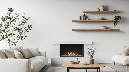 Technical diagram of a living room with a corner fireplace and custom-built shelving units, corner fireplace, cozy design
