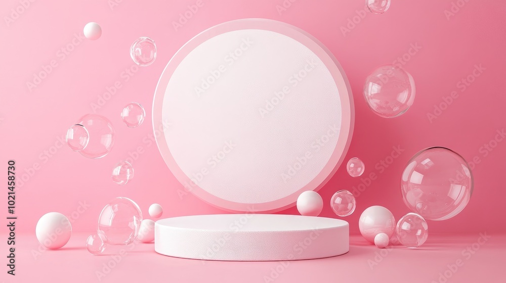 Aufkleber Abstract white foam circle podium on pink background Template for product presentation 3D render Minimalist design