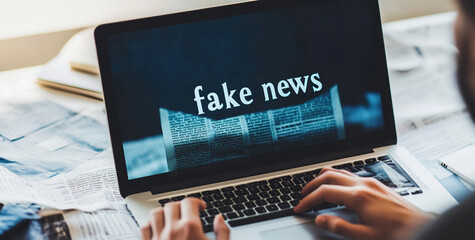 A man reads news on his laptop with the words fake news presented in an online newspaper.