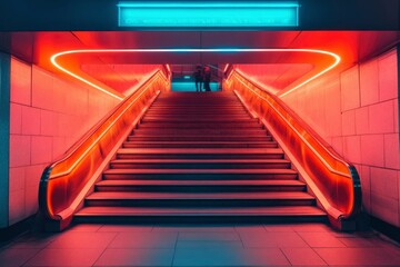 Red Neon Lit Stairwell with Handrails