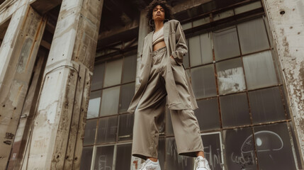 Fototapeta premium A sleek and minimalist 1990s-inspired look with a model in a slip dress, oversized blazer, and vintage sneakers, posing in front of an industrial background.