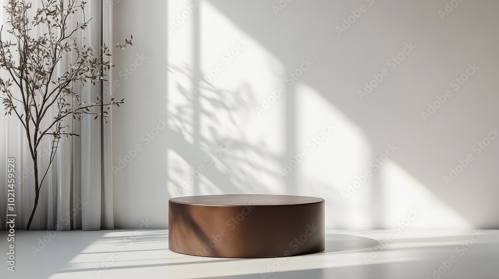 Poster Brown display pedestal in room with window light background 3D rendering