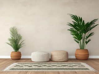 3D design of a bohemian living room with patterned rugs, floor cushions, and macrame decor, bohemian style, relaxed interior